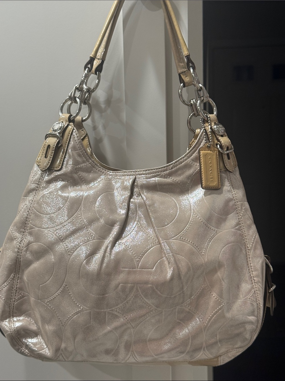 Coach Maggie Metallic Beige Quilted Shoulder Bag, EUC